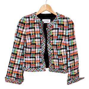 NWT Weill Paris Tweed Blazer Jacket Rainbow Black Plaid Colorful size 8